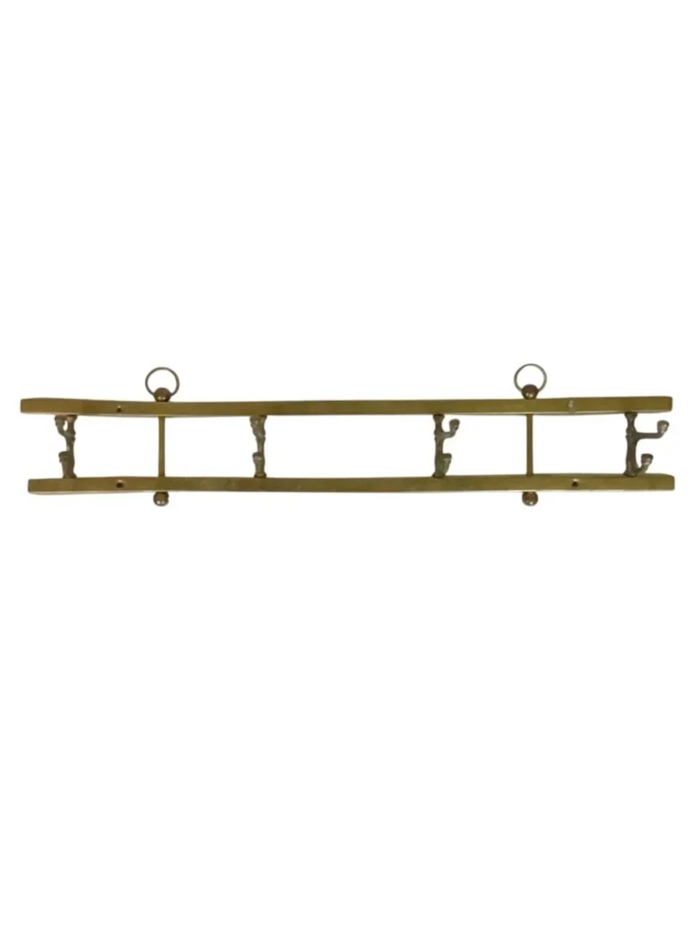 Vintage Brass Wall-Mounted Coat & Hat Rack With Ornate Hooks And Ring Details